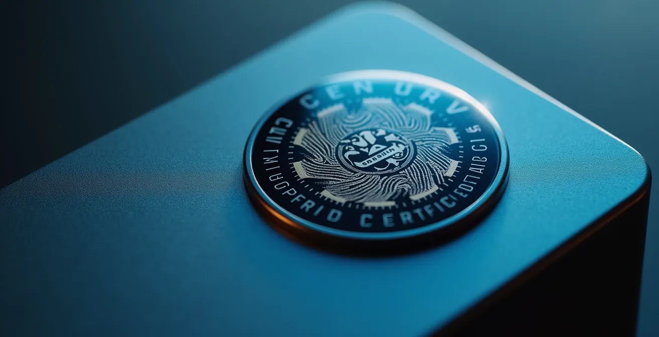 Primer plano macro de un sello de certificación Matter holográfico en una cámara de seguridad moderna