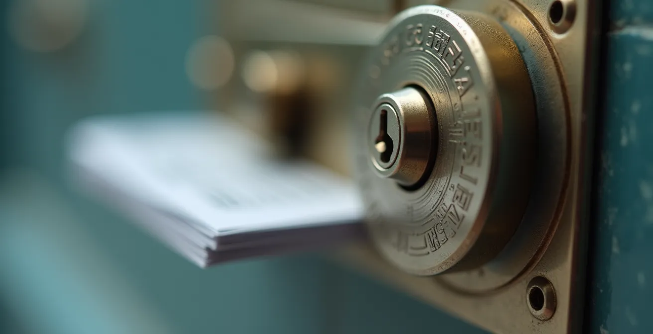 Códigos de respaldo impresos guardados en caja de seguridad con elementos de protección