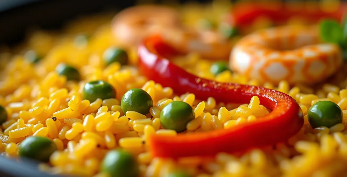 Fotografía macro detallada de ingredientes de paella mostrando texturas y colores naturales