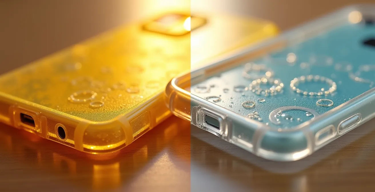 Macro fotografía mostrando la diferencia de transparencia entre fundas de TPU amarillenta y policarbonato cristalino después de 3 meses de uso