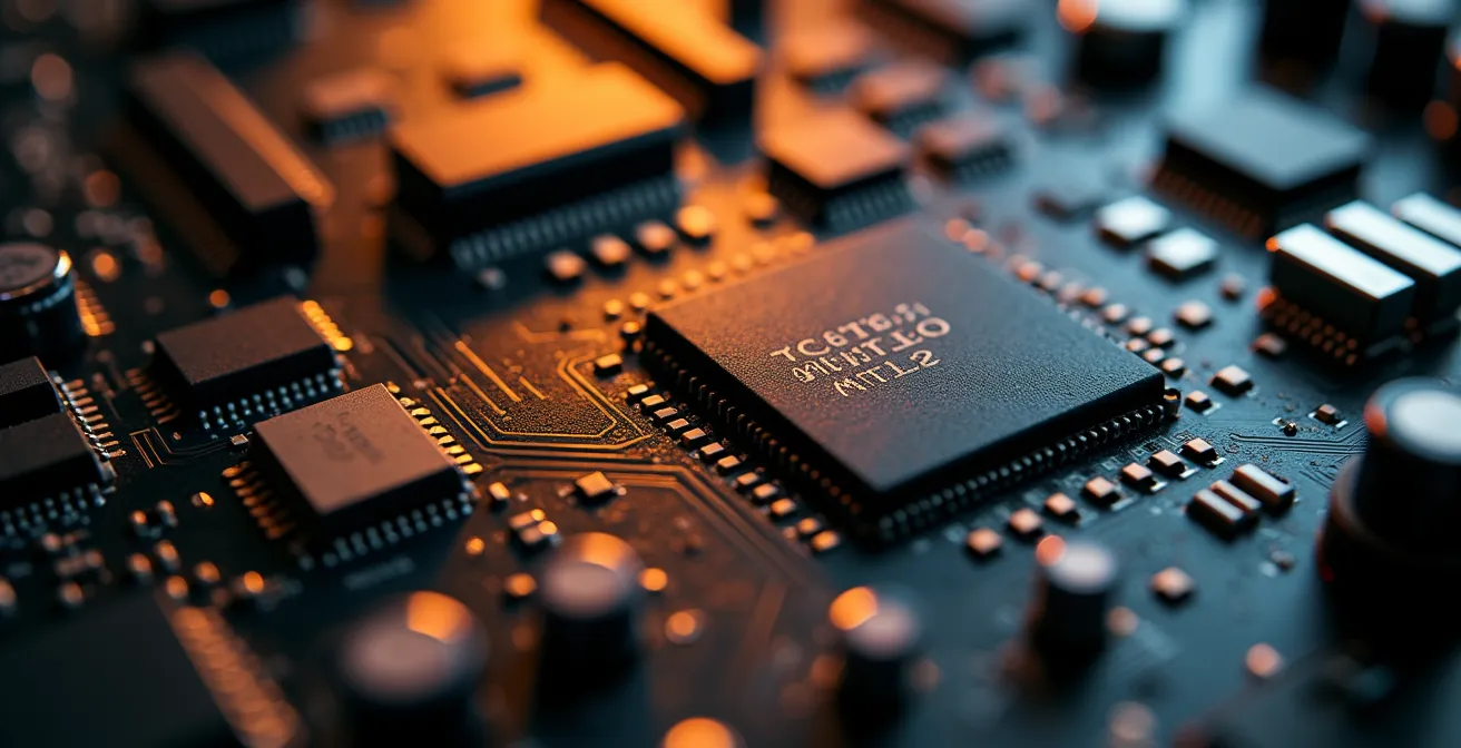 Vista macro de chips gráficos integrados y dedicados en placa base de portátil