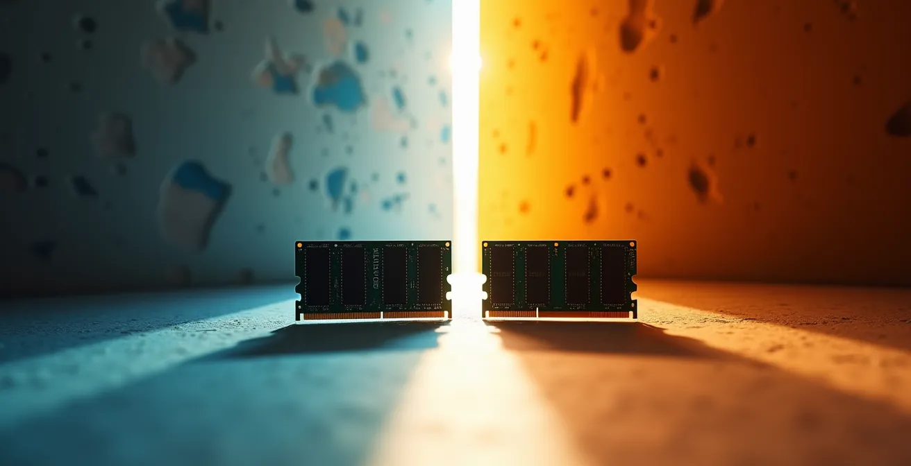 Composición simétrica mostrando chips de memoria con diferentes velocidades representadas visualmente