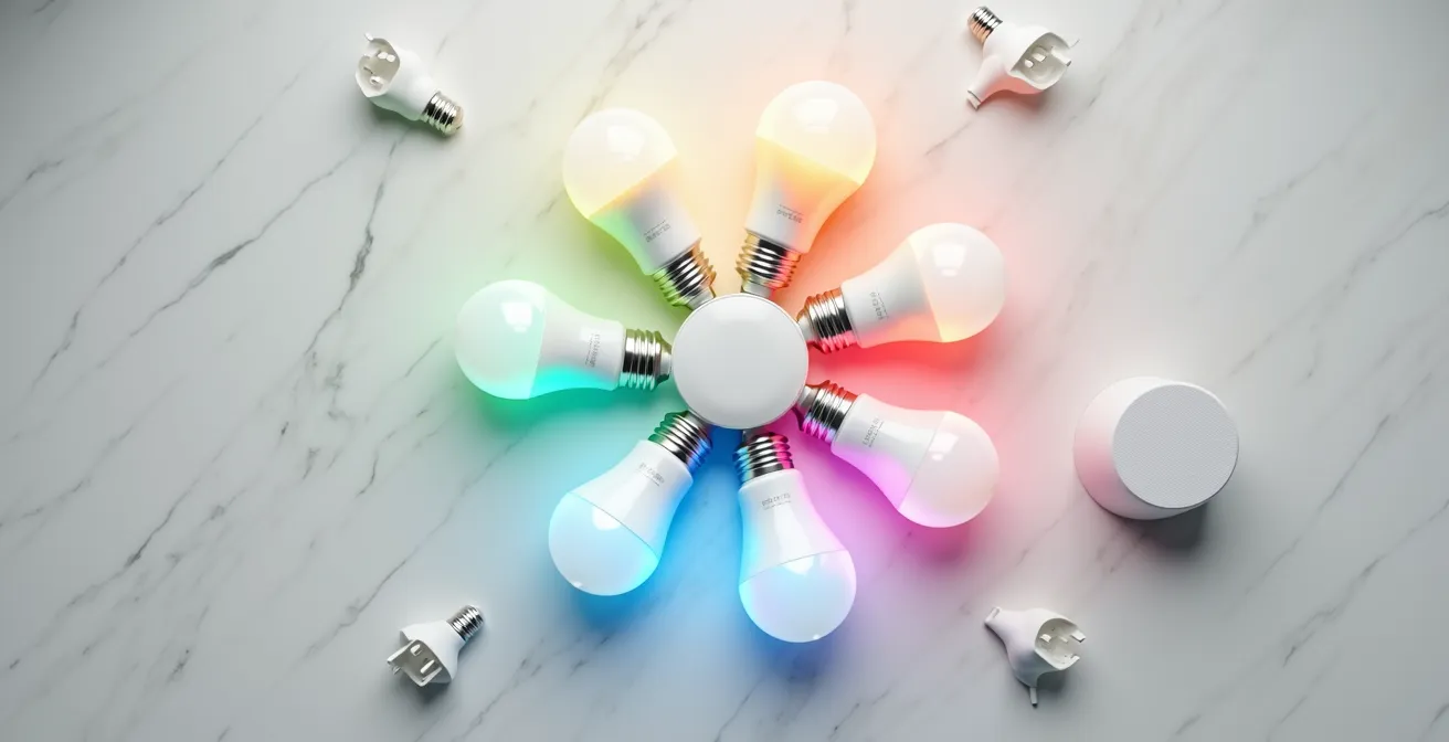 Mesa con diferentes dispositivos domóticos y altavoces inteligentes en configuración de prueba