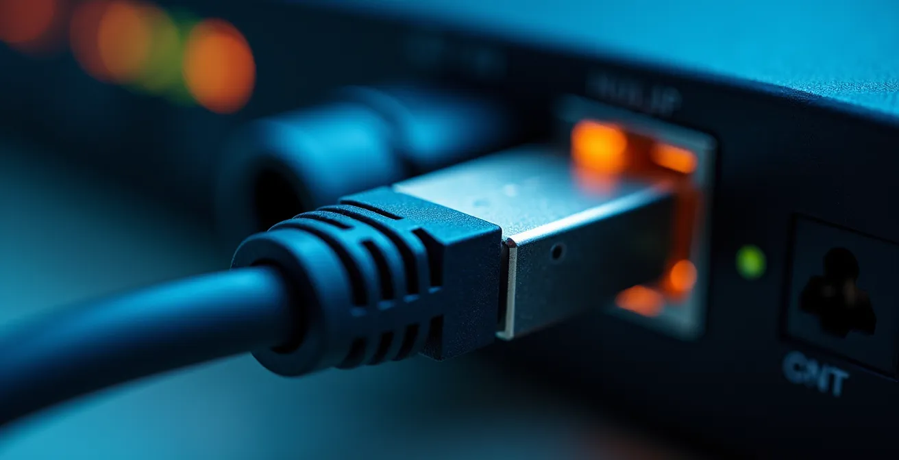 Un cable de red Ethernet conectando un TV Box a un router de fibra óptica para una conexión estable.