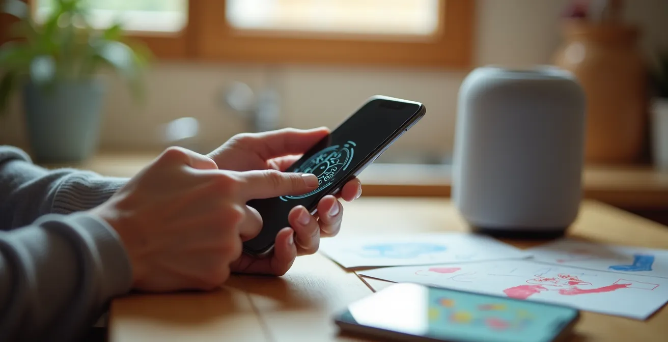 Mano configurando código PIN en aplicación móvil con altavoz inteligente desenfocado al fondo