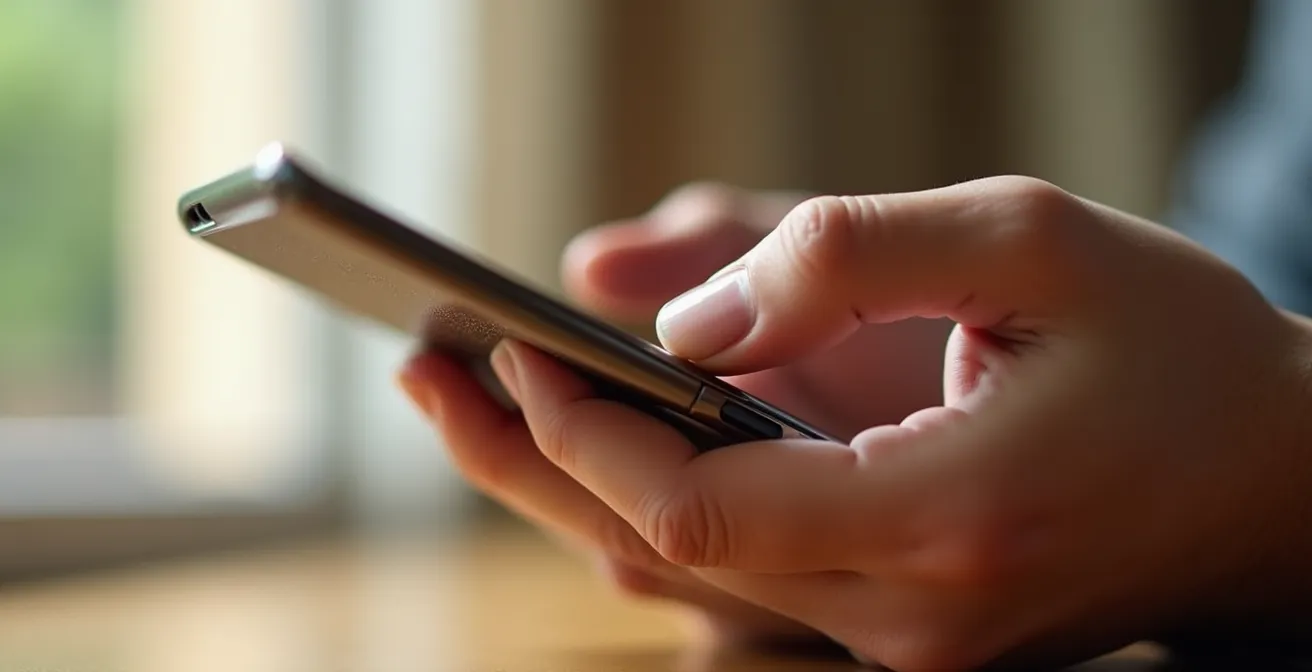 Mano sosteniendo un smartphone mostrando el menú de configuración de red desde un ángulo lateral, evitando mostrar texto en pantalla