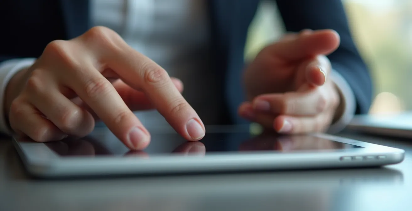 Manos profesionales configurando interfaz táctil en dispositivo Surface con Windows 11