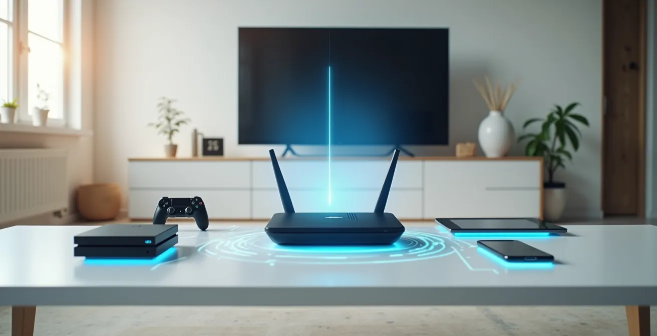 Router centralizado protegiendo múltiples dispositivos del hogar con conexión VPN