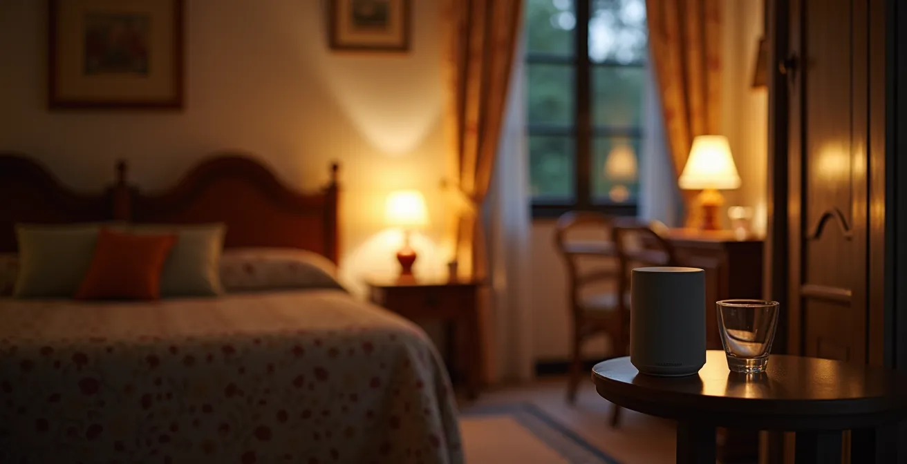 Dormitorio de persona mayor con iluminación suave y altavoz inteligente en mesilla de noche