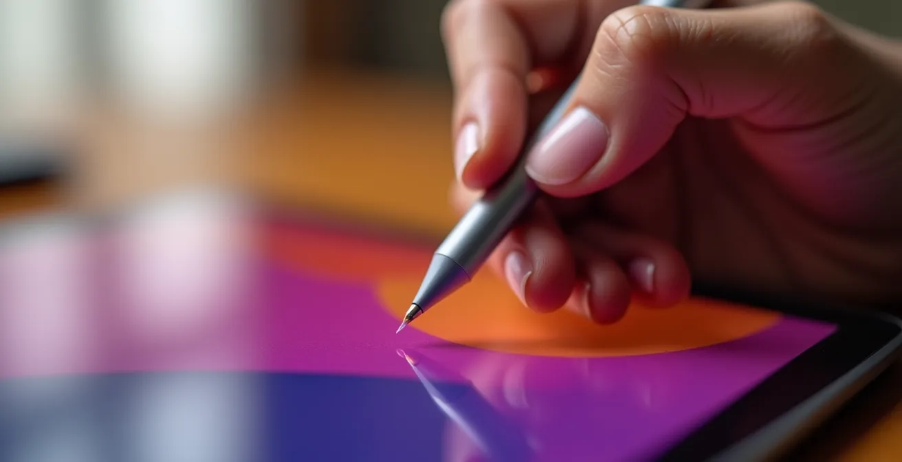 Manos editando diseño en tablet con stylus de precisión