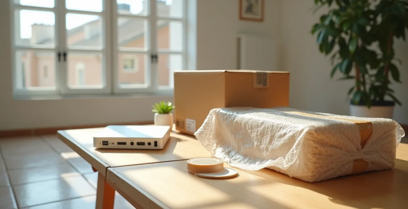 Mesa con materiales de embalaje alternativos y producto preparado para devolución