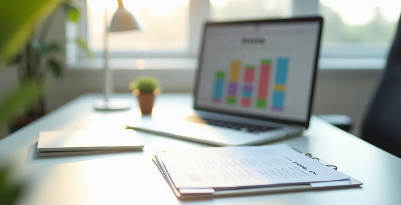 Escritorio minimalista con portátil mostrando hojas de cálculo borrosas y documentos físicos