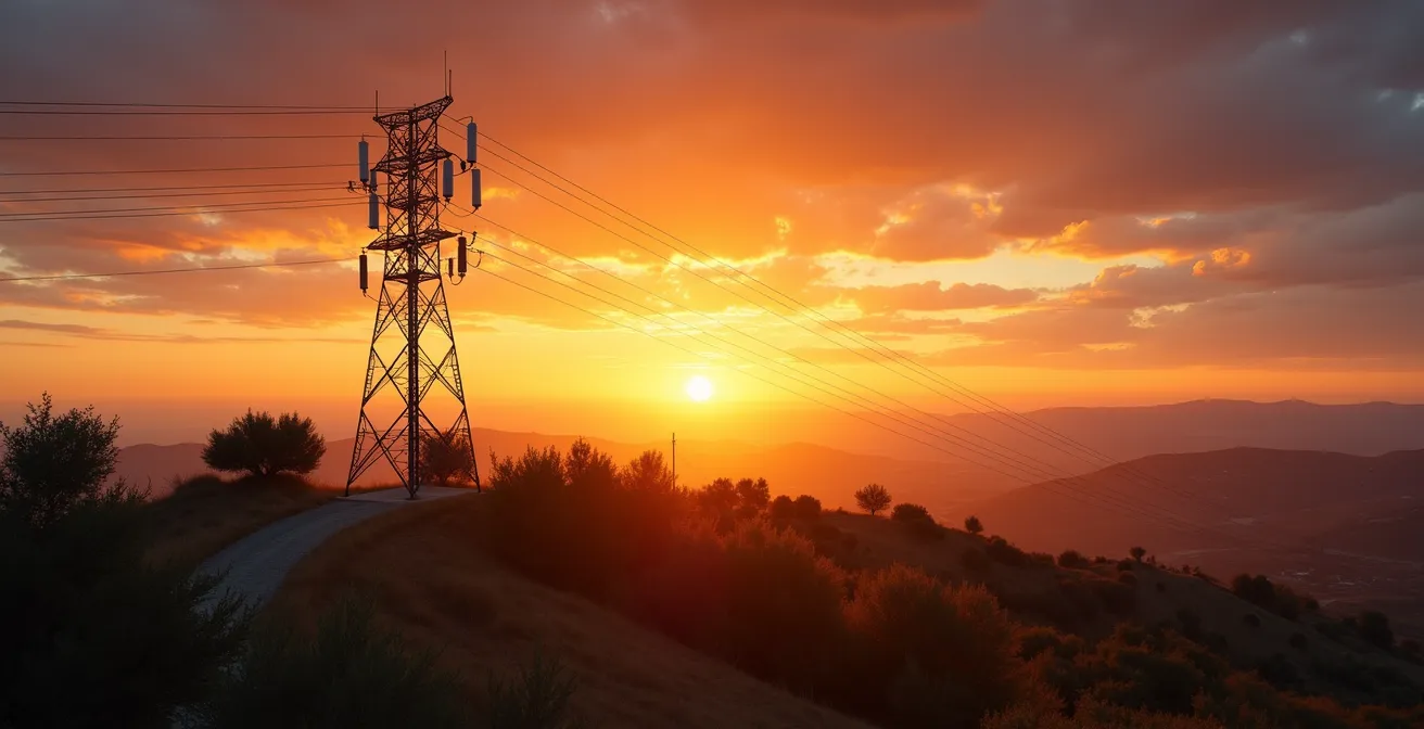 Torre de telecomunicaciones en paisaje rural español al atardecer, mostrando la infraestructura de red móvil
