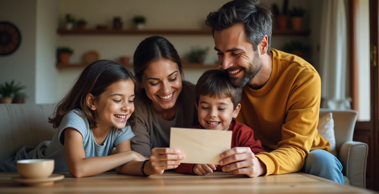 Familia reunida compartiendo acceso seguro a servicios digitales mediante gestor de contraseñas