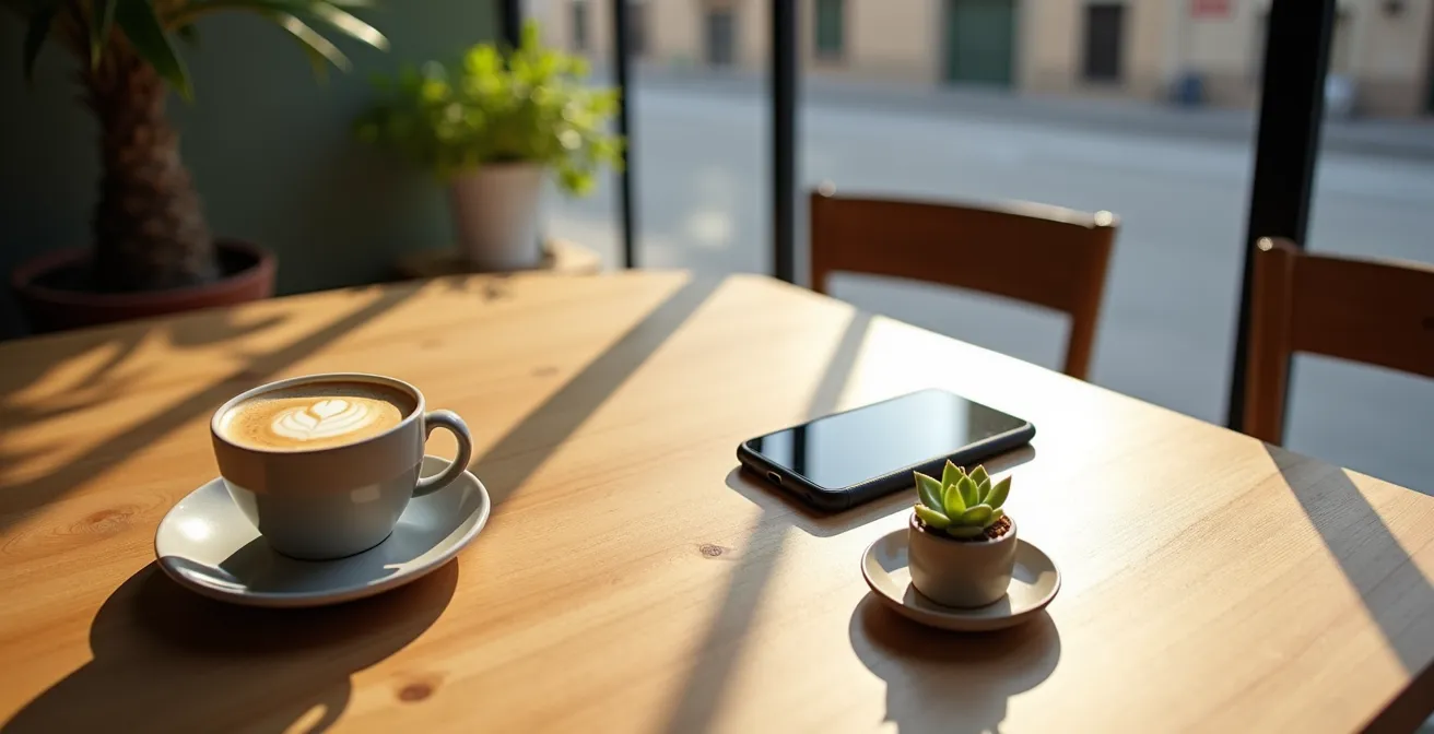 Espacio de trabajo minimalista mostrando el flujo de edición fotográfica móvil