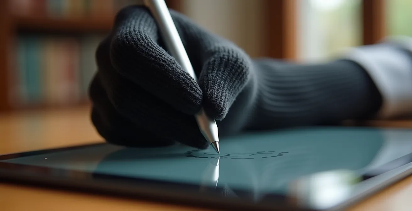 Mano con guante de dibujo de dos dedos escribiendo sobre una tablet en una biblioteca