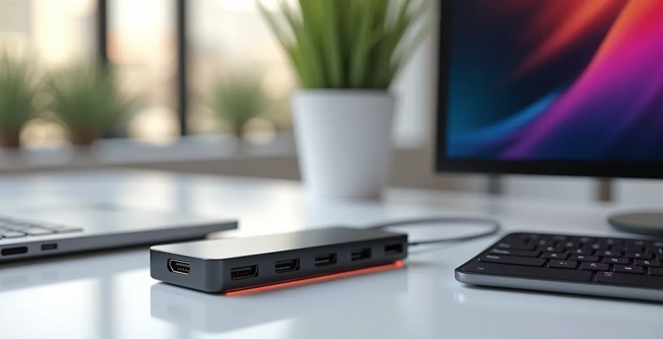 Hub USB-C profesional con puerto HDMI conectando a monitor 4K
