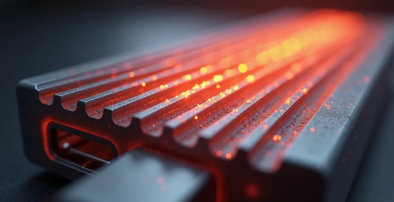 Vista macro de hub USB-C mostrando disipación térmica