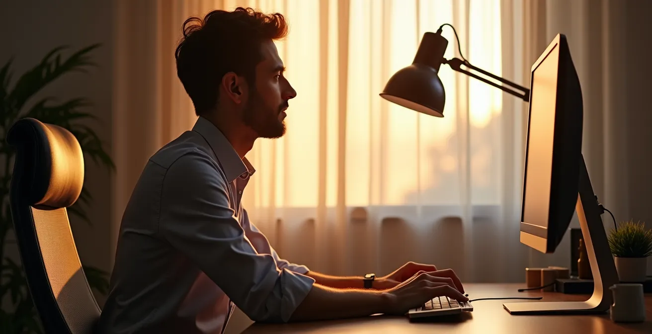 Configuración de iluminación ideal en despacho doméstico con luz natural lateral y lámpara de escritorio ajustable