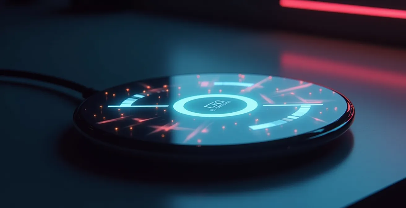 Vista cenital de una base de carga inalámbrica con patrones de luz LED en ambiente nocturno