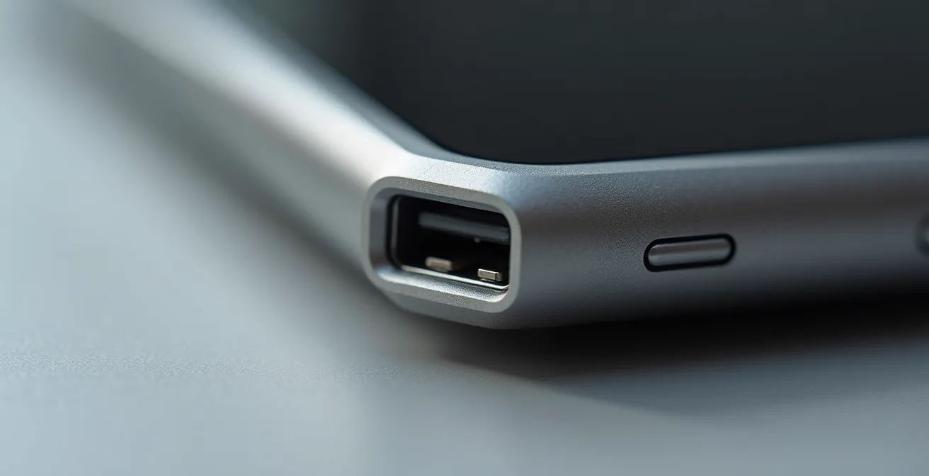 Detalle macro del puerto USB-C mostrando puntos de inspección en tablet convertible