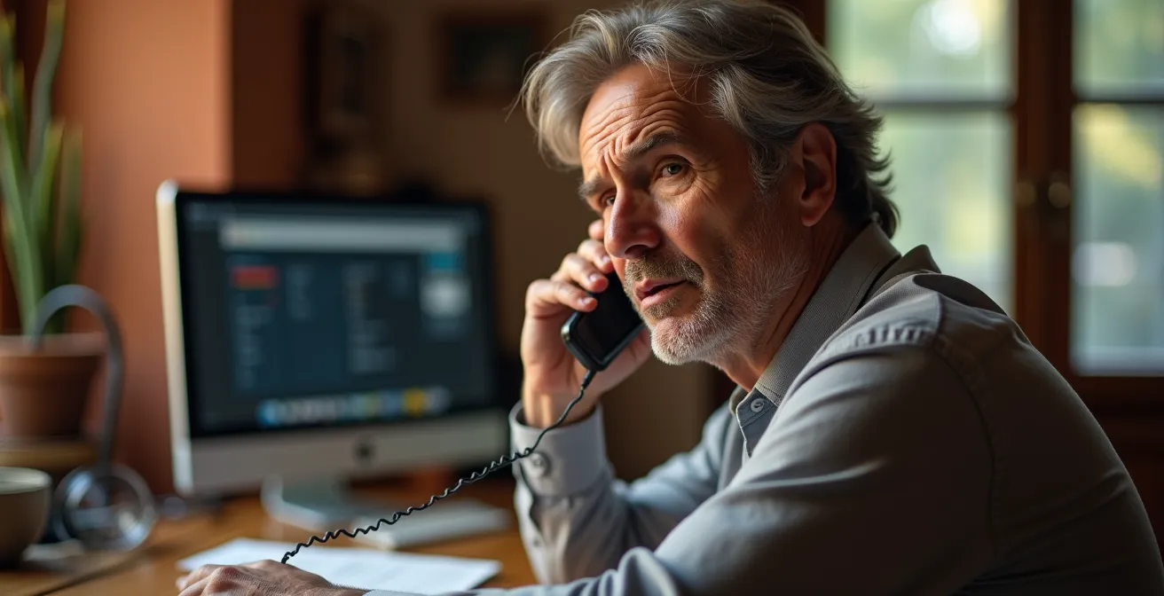 Persona con expresión de duda y cautela recibiendo una llamada sospechosa de un falso soporte técnico.