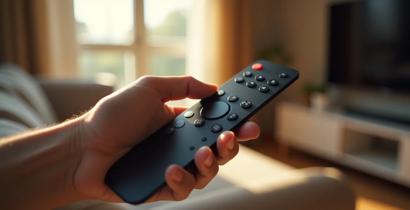 Una mano sosteniendo un mando a distancia de un TV Box, destacando el botón físico del micrófono que da control sobre la privacidad.