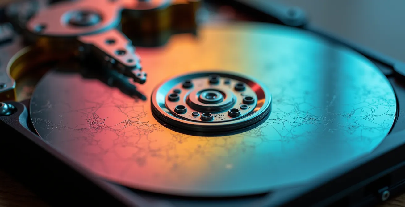 Vista macro de superficie de disco duro mostrando platos magnéticos con reflejos de datos fragmentados