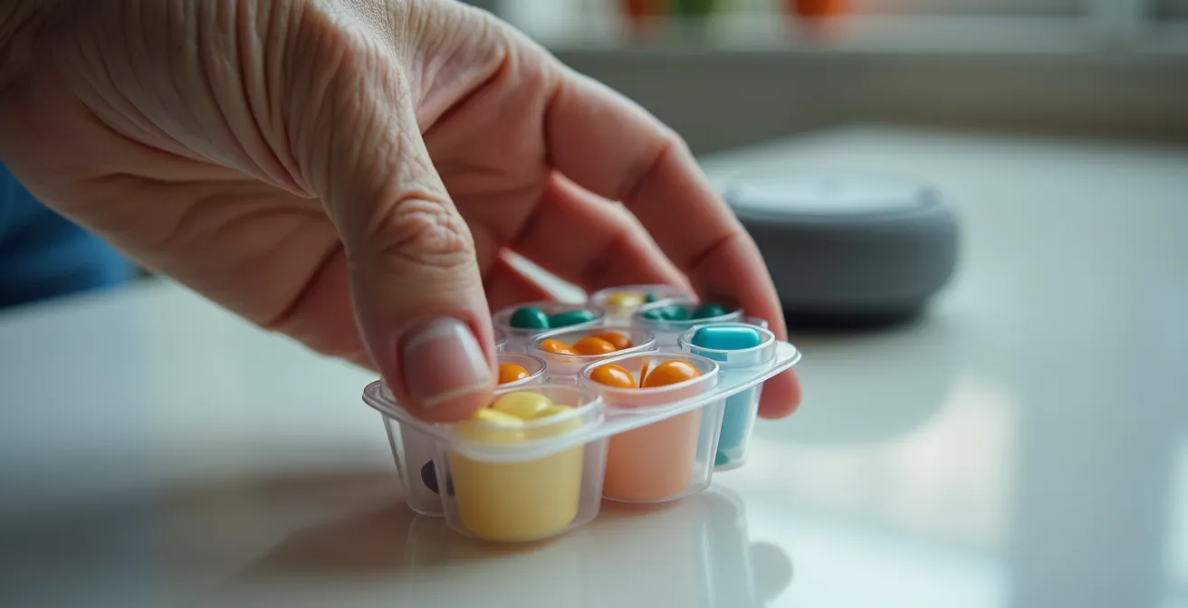 Mano de persona mayor junto a pastillero semanal y altavoz inteligente iluminados por luz natural