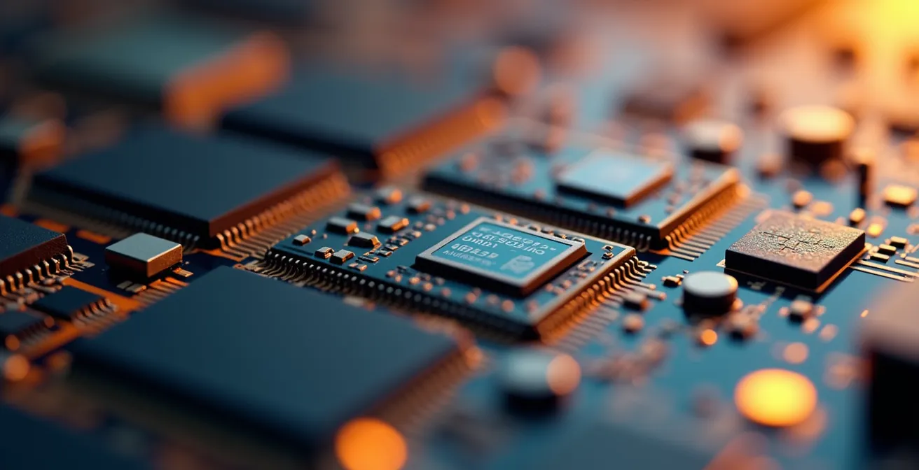 Vista macro de componentes internos de smartphone mostrando memoria y almacenamiento con efecto de virtualización