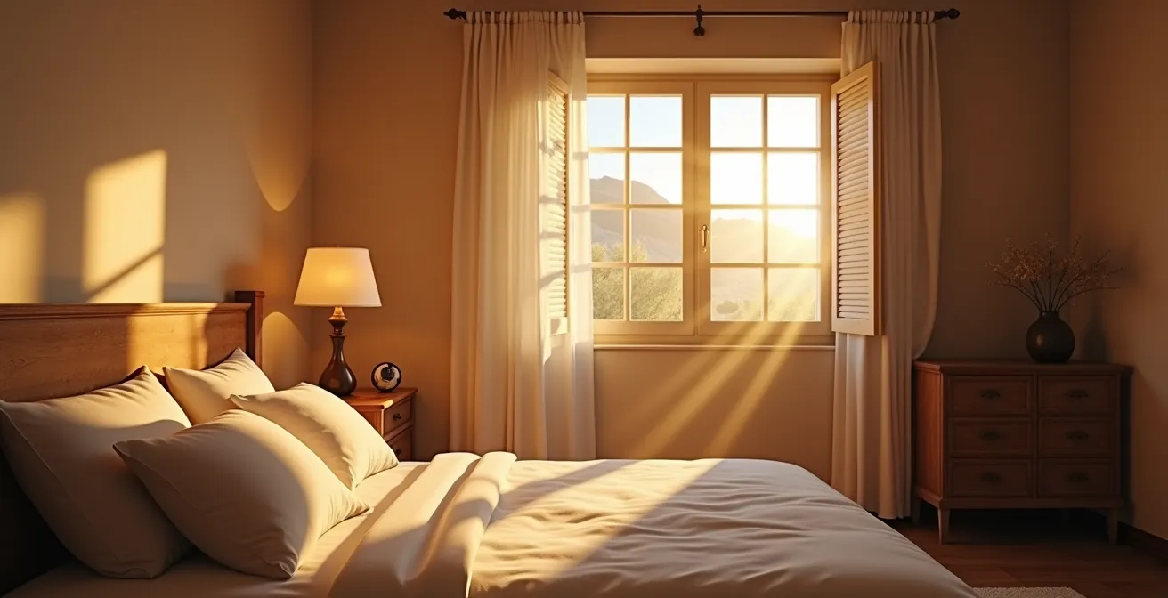 Vista minimalista de un dormitorio español al amanecer con dispositivos domóticos activándose automáticamente