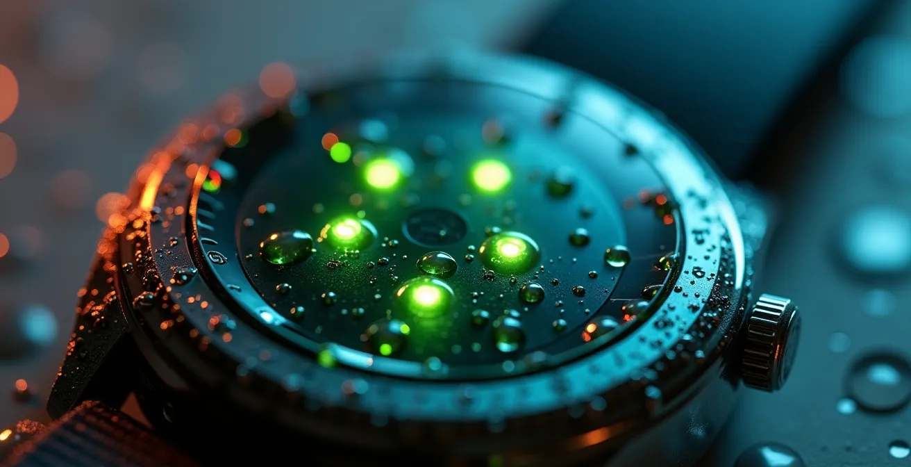 Vista macro del sensor óptico de un reloj inteligente mostrando la importancia de mantenerlo limpio