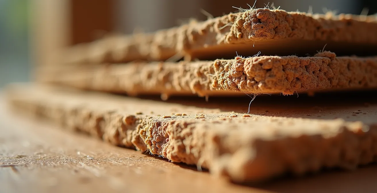 Detalle macro de panel acústico de corcho instalado en pared con textura y profundidad visibles