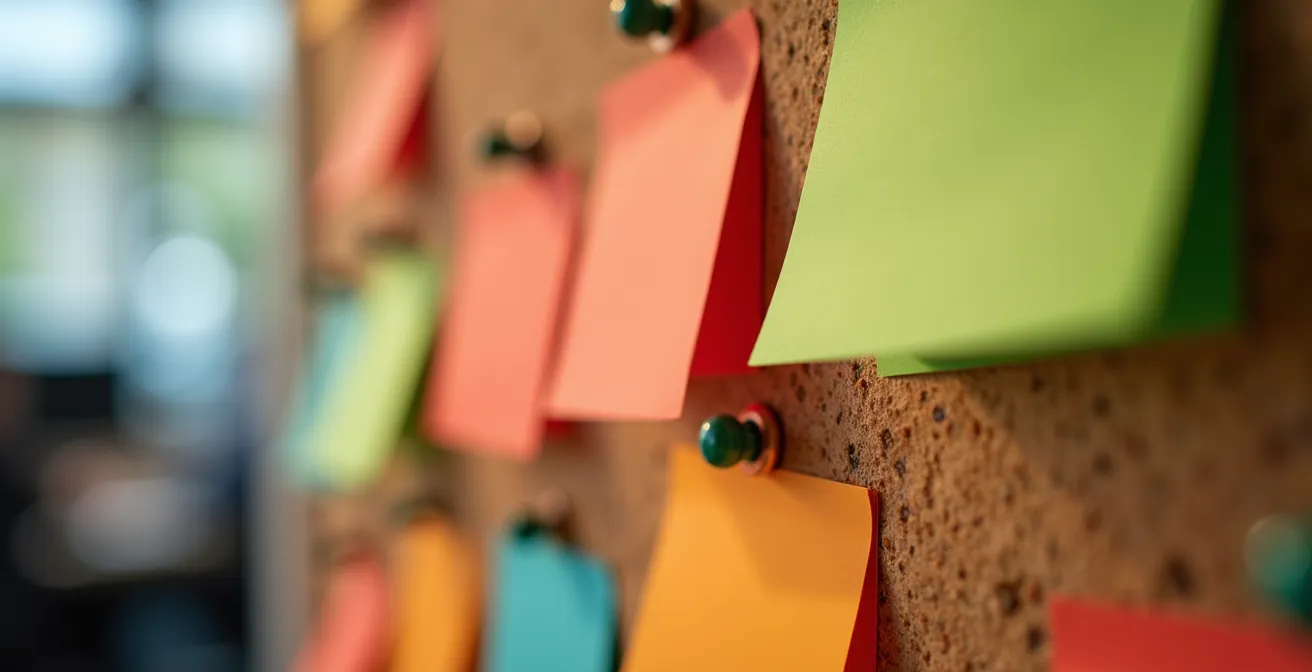 Vista aérea de tablero físico Kanban con tarjetas de colores para gestión de pedidos