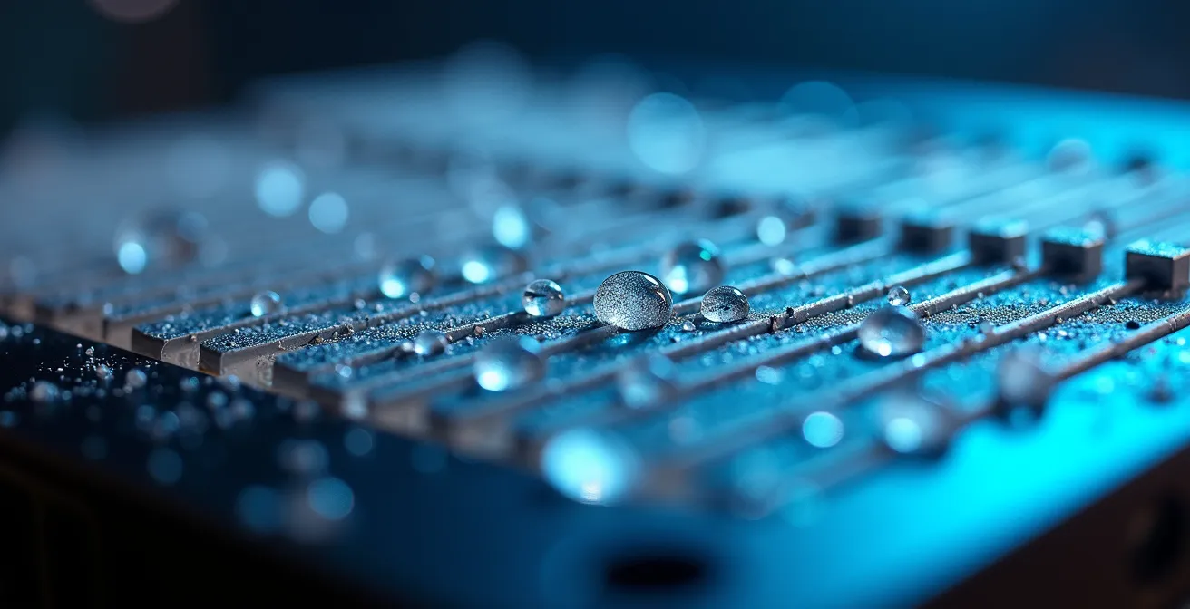 Ventilador de refrigeración para móvil gaming mostrando condensación por enfriamiento extremo