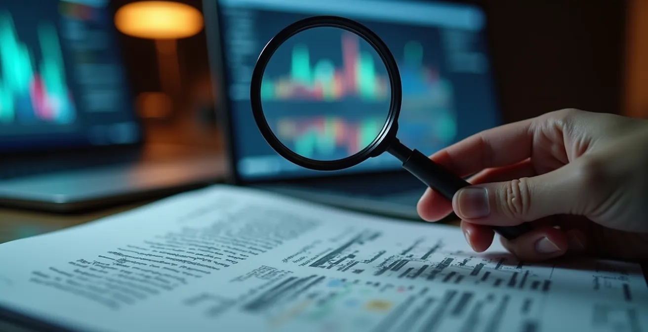 Persona examinando con lupa un documento de aviso legal en pantalla borrosa