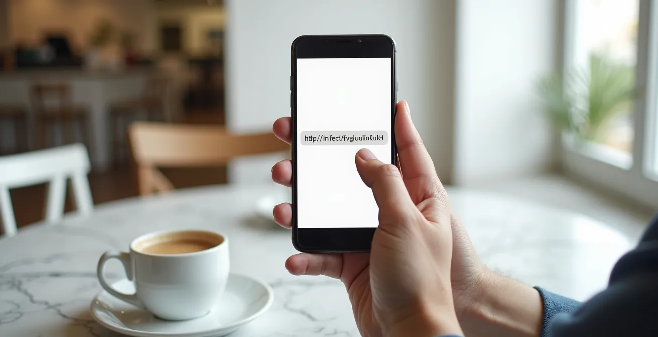 Demostración visual de cómo identificar una URL fraudulenta en un smartphone al mantener pulsado un enlace.